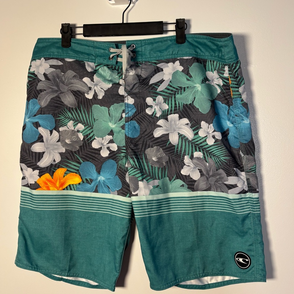 O'Neill Teal Floral Men's Board Shorts with Turquoise & Orange Accents